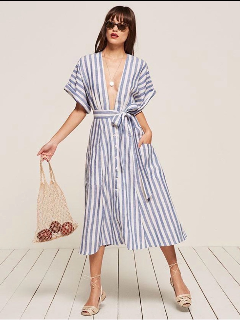 Reformation Blue and White Striped linen Midi Dress